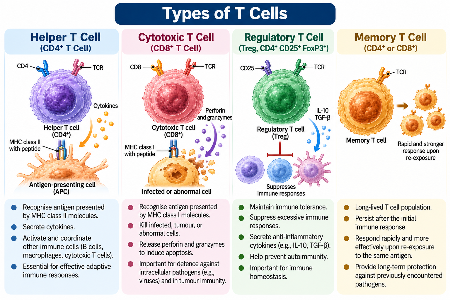 B Cells vs T Cells: Differences and Functions | Zoologyverse B Cells vs T Cells article illustration showing helper, cytotoxic, regulatory, and memory T cells and their functions