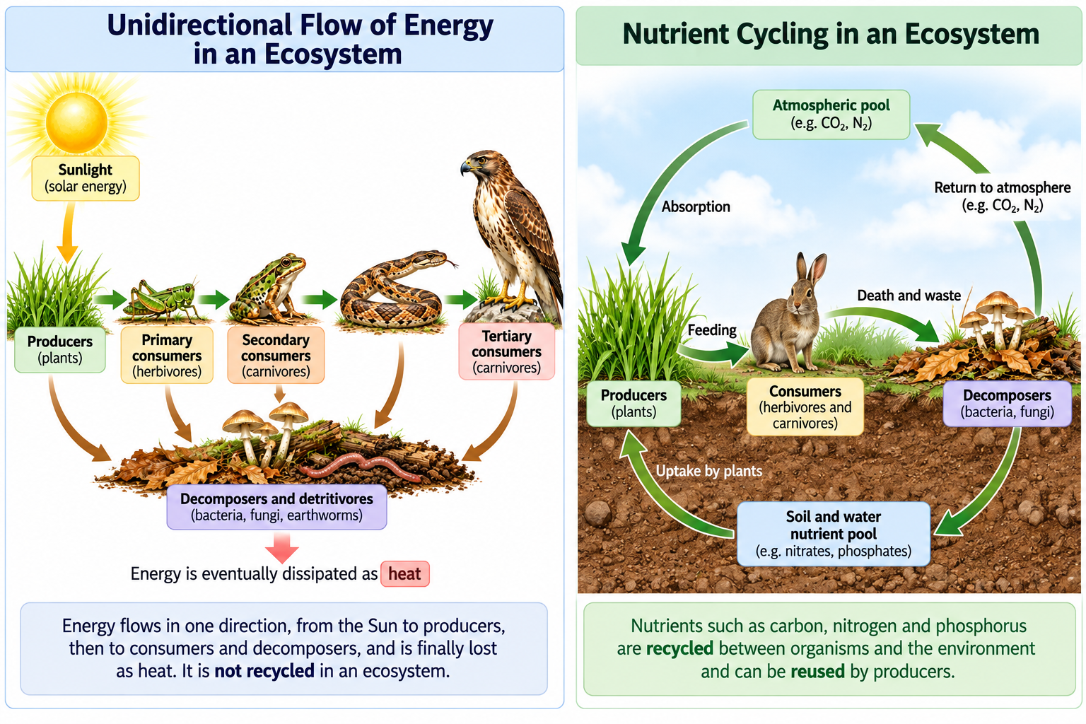 Energy Flow in an Ecosystem: Steps and 10% Law | Zoologyverse Unidirectional flow of energy compared with nutrient cycling in an ecosystem, showing sunlight, producers, consumers, decomposers, heat loss, and nutrient recycling.